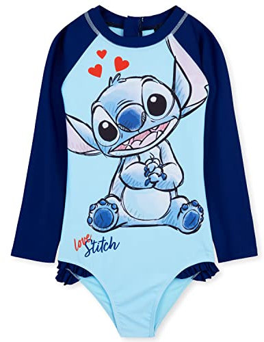 Disney Girls One Piece Swimsuit, Long Sleeve Swimming Costume - Girls Gifts (Light Blue Stitch, 9-10 Years)