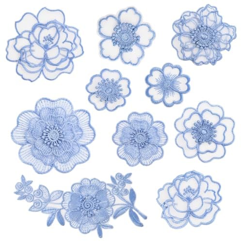 URROMA Blaue Spitzenblumen-Stickerei-Applikation, 10 Stück Organza-Blumenbesatz zum Aufnähen für Hochzeit, Brautkleid, DIY, Nähen, Basteln, Kleidung, Haarschmuck