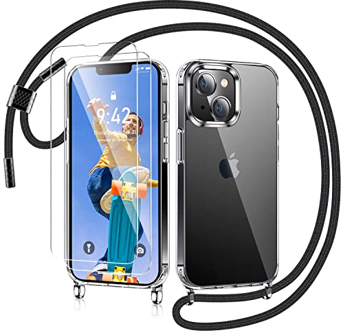 AROYI Handykette für iPhone 14 Hülle mit Band Und 2 Stück Schutzfolie, Transparent Ultra Hybrid Handyhülle für iPhone 14 mit Kette zum Umhängeband Abnehmbar Stossfest Hülle - Schwarz