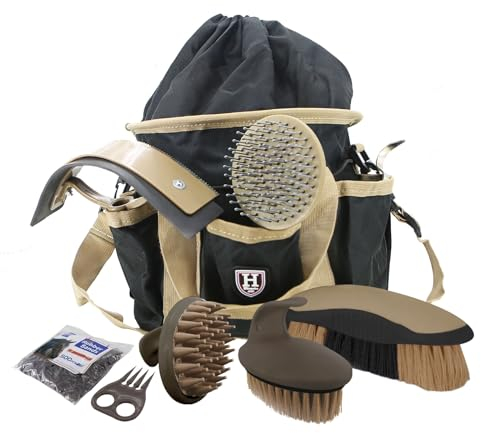 Harrison Howard Pferdepflegebürsten-Set, 7-teilig, mit Organizer, Tragetasche, Pferdepflegeserie, Braun