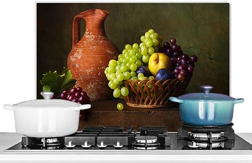 KitchenYeah© Paraschizzi Cucina Alluminio 60x40 cm Pannello Dietro Piano Cottura Fornelli a Gas Paraspruzzi Rustico - Frutta - Brocca - Cestino - Natura Morta