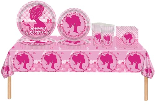 69Pcs Hot Pink Girls Bar-bie Party Tableware Plastic Bar-bie Table Cloth,Paper Plates,Napkins and Cups Dinnerware Set for Girls Kids Baby Shower Bar-bie Theme Birthday Party Decorations