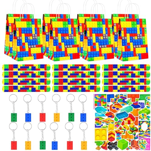 Bausteine Mitgebsel Kindergeburtstag 86 Pcs, Party Mitgebsel Set, Geburtstag Geschenktüte 12, Schlüsselanhänger 12, Schnapparmband 12, Aufkleber 50, für Kinder Party Supplies Giveaway Gastgeschenk