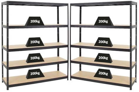 PROREGAL Mega Deal 2er-Set Schwerlastregale Giant Elephant 180x150x45cm mit 5 Ebenen Fachlast 200kg Schwarz, Kellerregal, Steckregal, Garagenregal, Lagerregal