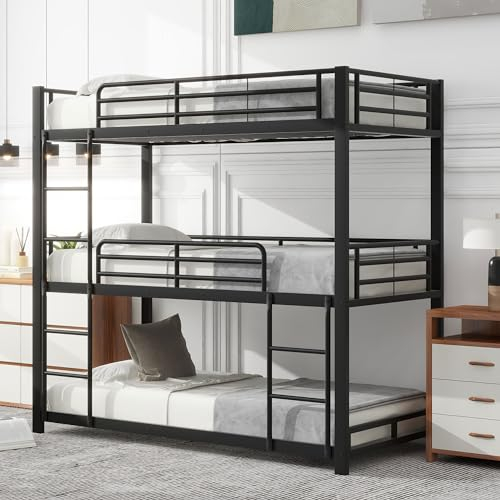 Zravenna Hochbett 90x200cm, Dreifach-Etagenbett für 3 Kinder, Bettgestell Metallbett, Eisenbett für Kinder und Jugendliche, Schwarz