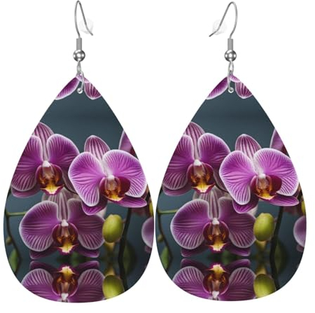 BROLEO Bunte Orchideen-Muster, modische Tropfen-Ohrringe, Anhänger, stilvoll und schön, leicht, baumelnd für Damen und Mädchen, Einheitsgröße, Leder