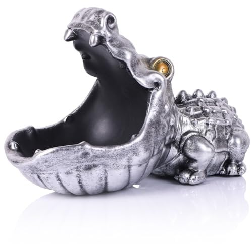 oliruim Alligator Statue Key Bowl, Fun Animal Statue Candy Dish for Entryway Decorative Bowl, Office Candy Dish, Big Mouth Sculpture Home Living Room Trinket Container Storage Box (Silver)