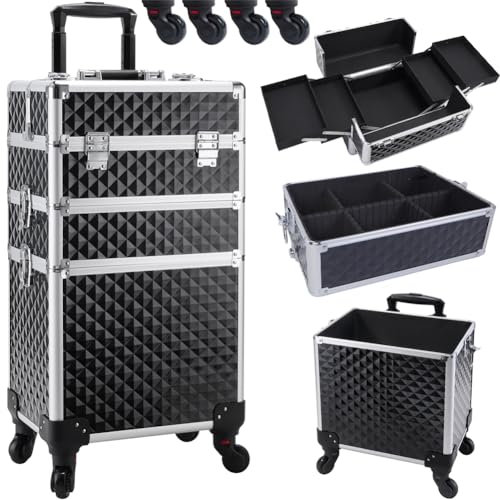 BAKAJI Trolley Make Up 3 in 1 Professionale con Trama Oleografica Triangolare, Beauty Case Estetista Portatile, Valigia Porta Trucchi con Ruote Staccabili, Valigetta Organizer Makeup Viaggio (Nero)