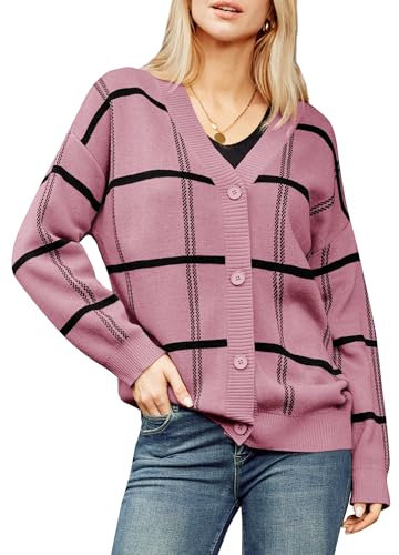 GRACE KARIN Cardigan da donna, casual, a maniche lunghe, con scollo a V, a righe, Colorblock, rosa scuro, M