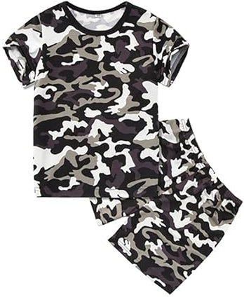 Vuncio Ensemble Camouflage Enfant Garcon Fille 1-14 ans Ete Tailleur 2 Pieces Tee Shirt Manche Courte Et Short Ado Fille Garcon Chic Ample Confortable Fashion Casual Vacances Sport (9-10 ans, Gris)
