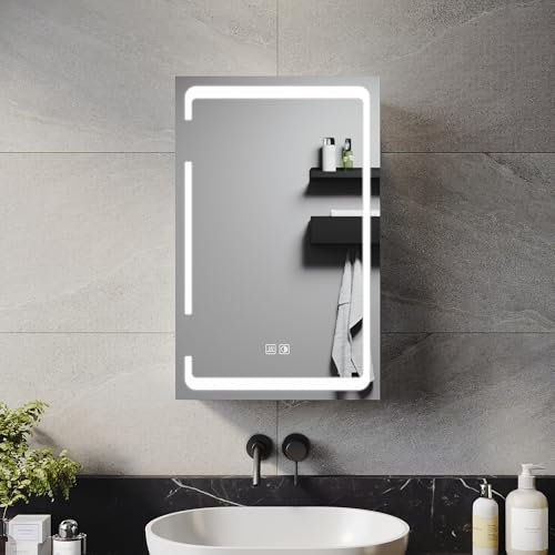 ELEGANT Illuminated LED Bathroom Mirror Cabinet Single Door Wall Mounted Bathroom Mirror Cabinet with Shaver Socket Mirrored Bathroom Cabinets with Demister and Three-color infinite dimming 380x600mm