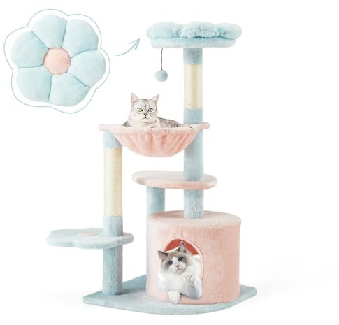 EROMMY Cat Tree 110CM,Flower Tower with Scraching Post & Cat Condo & Hammock for Indoor Cats,Pink and Blue