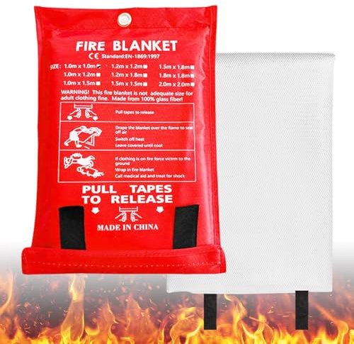 Fire Blanket, 2 m x 2 m Fire Blanket, Kitchen Fire Blankets, Fiberglass Fire Blanket for Grease, Kitchen, Car, Caravan, Etc