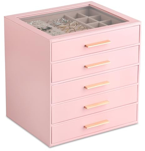 Frebeauty Clear Lid Jewellery Box,5-Layer Jewellery Organiser with Drawer,PU Leather Jewellery Organisers and Storage,Jewellery Boxes for Women,Jewellery Storage for Rings Earring,Gift for Women(Pink)