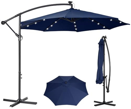 Panana 3M Garden Cantilever Parasol with 24 Solar Powered LED Lights Outdoor Banana Hanging Umbrella with Crank Mechanism Sun Shade Canopy for Poolside, Deck, Patio and Balcony Dark Blue