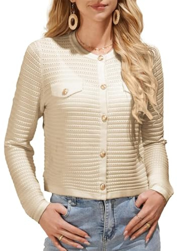 GRACE KARIN Cardigan élégant pour femme, à manches longues, col rond, avec bouton, Kaki clair., S