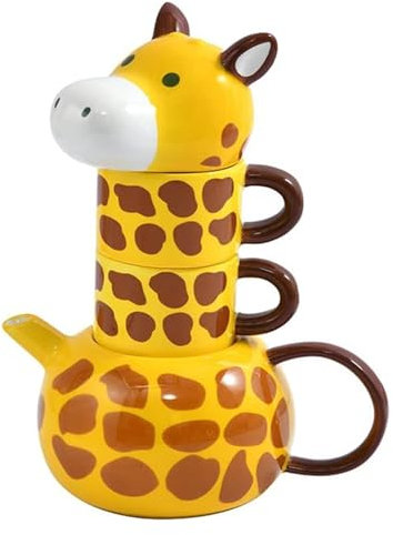 BEAUTRIO Théière en céramique Girafe avec 2 tasses – Porcelaine peinte à la main for café, thé et lait