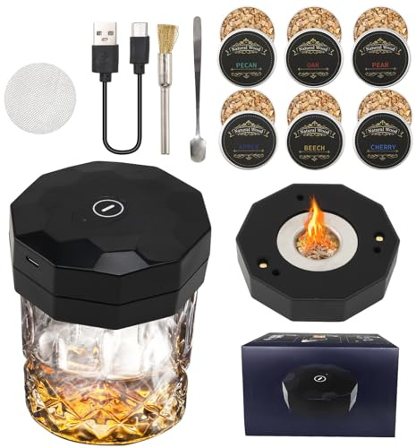 Kit fumoir à whisky électrique avec 6 arômes - Rechargeable par USB - Accessoires d'arôme et de whisky - Cadeaux pour hommes - Générateur de fumée sans butane