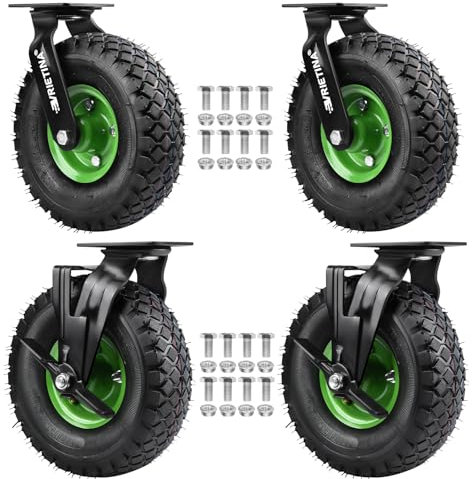 4 Stück 360° Lenkrollen mit Bremse Set Ø 250 x 90 mm Rad, Ruhig Luftrad auf Stahlfelge Schwartz mit Stoßdämpfung, Bollerwagen & Transportwagen Kit (2 Lenkrollen 2 Bremsrollen)