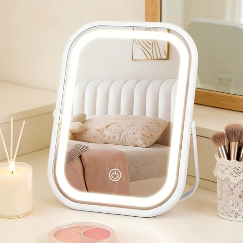 VETIVAGE Portable Makeup Vanity Mirror with Lights 21 x 16cm Rechargeable Tabletop Dressing Lighted Mirror with 3 Color Dimmable LED Lighting 1200mAh battery Touch Control for Travel/Bedroom