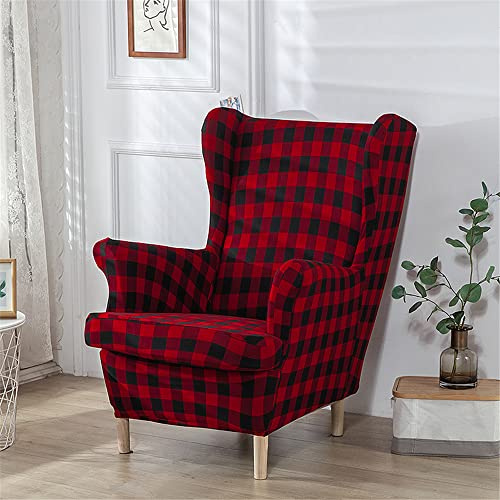 Stretch Bezüge für Ohrensessel 2 Teilig Ohrensessel Schonbezug für Sessel moderner Spandex Sessel Sofabezug für Wohnzimmer und Schlafzimmer (Rot Schwarz Kariert)
