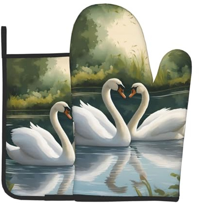 Beautiful White Swans On The Lake Print Oven Mitt & Pot Holder Set, A Must-Have for Kitchen Oven Microwave Grill