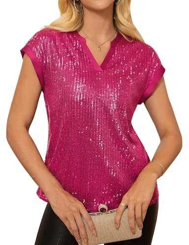 GRACE KARIN Chemisier à paillettes élégant pour femme - Col en V - Manches courtes - Pour fête - Club - Paillettes