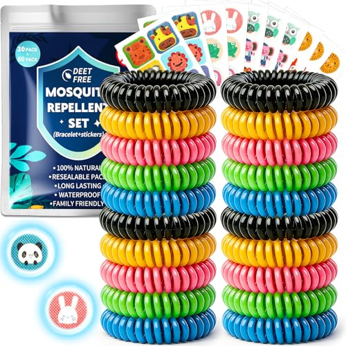 Mückenschutz Armband Mückenarmband Mückenpflaster Set, 20 Anti Mücken Armband und 60 Moskito Pflaster für Kinder Erwachsene Camping Zubehör Gadgets Reise, Urlaub Must Haves Summer Outdoor Sport