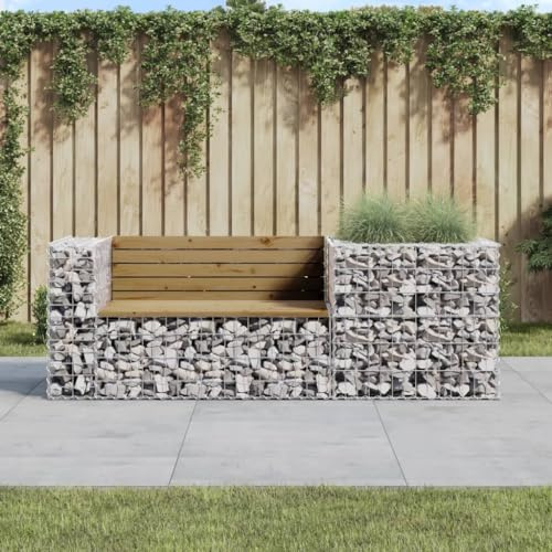 Hoopleep Banc de jardin avec gabion, bois de pin imprégné, 192 x 71 x 65,5 cm, siège d'extérieur robuste, stable