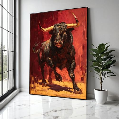 YUSUZHU Leinwandbild „Angreifender Stier“, abstraktes Tiergemälde, rot-schwarzes Kunstwerk, rustikale Wohndekoration, Poster und Drucke (70 x 100 cm/rahmenlos)