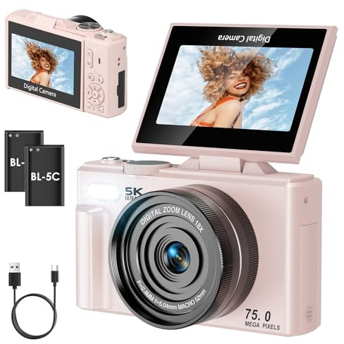 Nsyee 5K Digital Camera,75MP Autofocus Vlogging Camera,3'' 180° Flip Screen | WIFI Transmission, Compact Cameras, 18x Digital Zoom, Suitable for Teens, Beginners, Adults, No SD Card, Pink