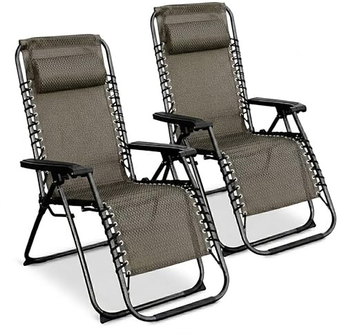 Spetebo Relaxsessel mit Kopfkissen aus Textil Gewebe 2er Set 178 x 51 cm - grau-braun - Gartenstuhl mit Verstellbarer Rückenlehne und Fußteil - Sonnenliege Hochlehner Gartenliege Liegestuhl klappbar
