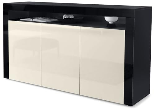 Vladon Sideboard Valencia, Kommode mit 3 Türen und 1 offenem Fach, Schwarz matt/Creme Hochglanz/Schwarz Hochglanz (155 x 92 x 40 cm)