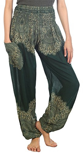 Lofbaz Damen Haremshose mit gesmoktem Boho Hosen Floral Grün Size M