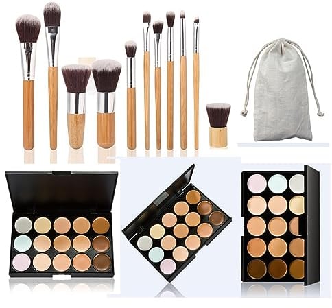 FantasyDay 15 Farben Langanhaltender Hohe Deckkraft Abdeckstift Gesicht Concealer Palette Full Coverage Creme Contour Kit Color Corrector Foundation Camouflage mit 11 Stück Makeup Pinsel Applikator