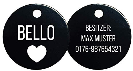 SNEG Hundemarke rund mit Gravur – beidseitig personalisierbar – Aluminium-Anhänger schwarz – inkl. 2 Schlüsselringe – Namensschild für Hunde & Katzen – Ø 30 mm