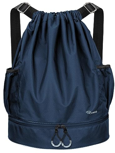 RYACO Drawstring Backpack Sports Gym Bag, Water Resistant String Sackpack Large Size with Zipper and Water Bottle Mesh Pockets for Gym Shopping Sport Yoga School Swimming Beach