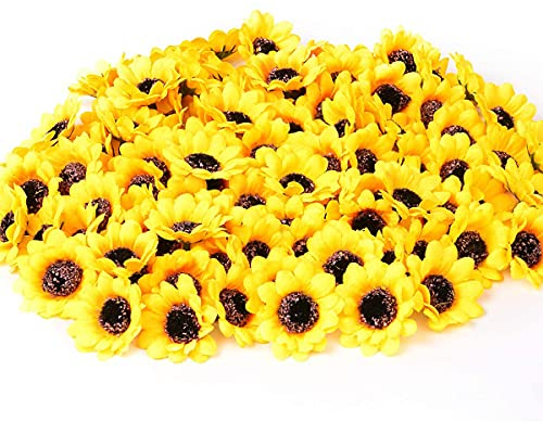 ExeQianming Künstlicher Sonnenblumenkopf, 4,5 cm, 50 Stück Sonnenblumen aus Kunstseide, für Hochzeit, Haus, Garten, Party (Gelb)