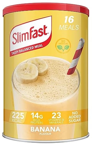 SlimFast Substitut de repas pour perte de poids et alimentation équilibrée, vitamines et minéraux, faible teneur en calories, riche en protéines, saveur banane, 16 portions, 584 g, l'emballage peut