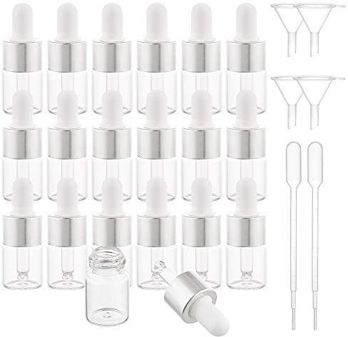 BENECREAT 30 Pack 5ml Clear Glass Dropper Bottle Eye Essential Oil Bottles with Silver s, 4PCS Funnel Hopper and 2PCS Pipettes for Essential Oil Perfumes