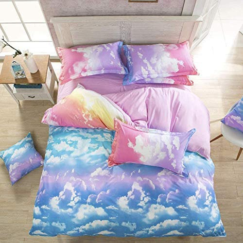 Cloud Sky Duvet Cover Set for Girls Rainbow Bedding Set Kids Comforter Cover Cute Lightweight Soft Pink and SkyBlue Bedroom Decor Lovely Teens Bedspread Cover Double Size Zipper