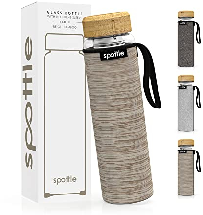 spottle Bouteille à Thé en Verre avec Infuseur en Acier Inoxydable - Verre Borosilicate Double Paroi, Bouteille à Infusion à Froid avec Housse en Néoprène, Lavable au Lave-Vaisselle, 1L