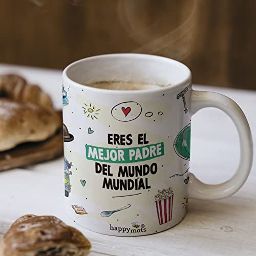 Taza Padre Happymots | Hecha en Cerámica de Calidad | Tazas Día del Padre | Apta Para el Microondas y el Lavavajillas | Tazas divertidas | Regalo día del padre.