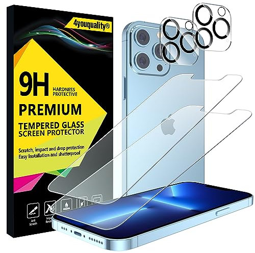 4youquality Screen Protector for iPhone 13 Pro Max with Camera Lens Protector, Tempered Glass Film, 2-Pack Each, [Impact-Resistant][Anti-Scratch][Anti-Shatter][Ultra-Clear]