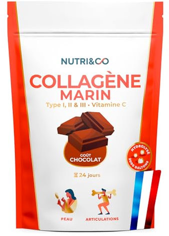 NUTRI & CO Collagène Marin Types 1 2 3 + Vitamine C - Peau & Articulations - 5500mg de Collagène Hydrolysé Breveté par Portion - Peptides en Poudre Goût Chocolat 240g - Fabriqué en France