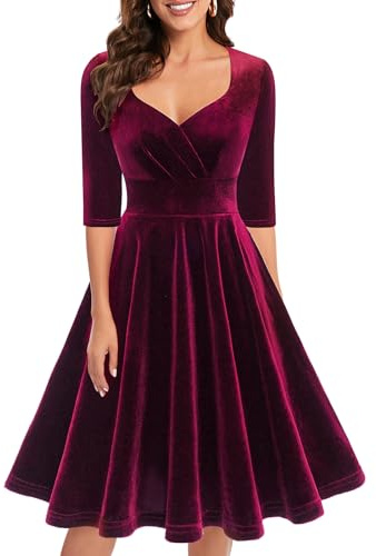 Bbonlinedress Robe de Noël Soirée Femme Chic Hiver Midi pour Réveillon Nouvel an Cocktail Mariage Bal Promo Col en V Manches Longue V-Burgundy 2XL