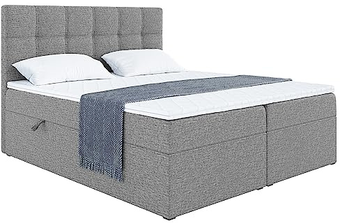 MEBLINI Boxspringbett mit Bettkasten - 140x200 - Gepolstert Doppelbett mit Matratze und Topper - Polsterbett mit Stauraum - Bett mit Kopfteil - Stauraumbett - NILS - H4/Grau Webstoff