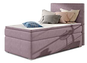 ALTDECOR Boxspringbett mit H3-Matratze (20 cm hoch) mit Bonellfederung + PUR, Topper (5 cm hoch), Polsterbett mit Kopfteil und Bettkasten LUCIDA - 90X200 - Lila - Soro 65