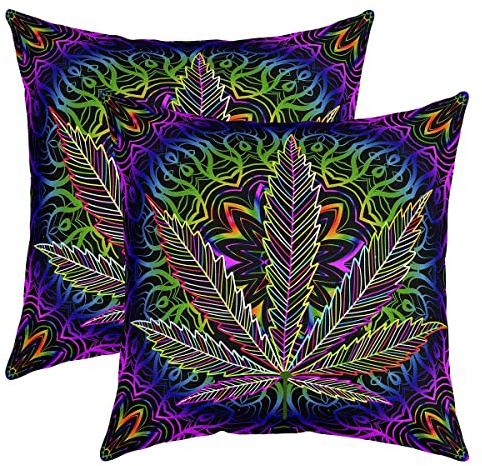 Marihuana-Blatt-Kissenbezug 55 x 55 cm für Couch, Sofa, Bett, Cannabisblätter, Dekokissen, Marihuana, Unkrautblatt, Dekoration, psychedelisch, bunt, botanischer Kissenbezug, 2 Stück