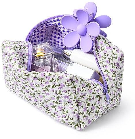 SOIDRAM Gesteppte Make-up-Tasche mit Blumenmuster, Puffy Coquette Make-up-Tasche, Violett mit Blumenmuster, Small